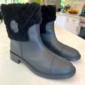 CHANEL Matelasse G30231 Leather Fur Mouton Womens Combat Boots - Size 38.5